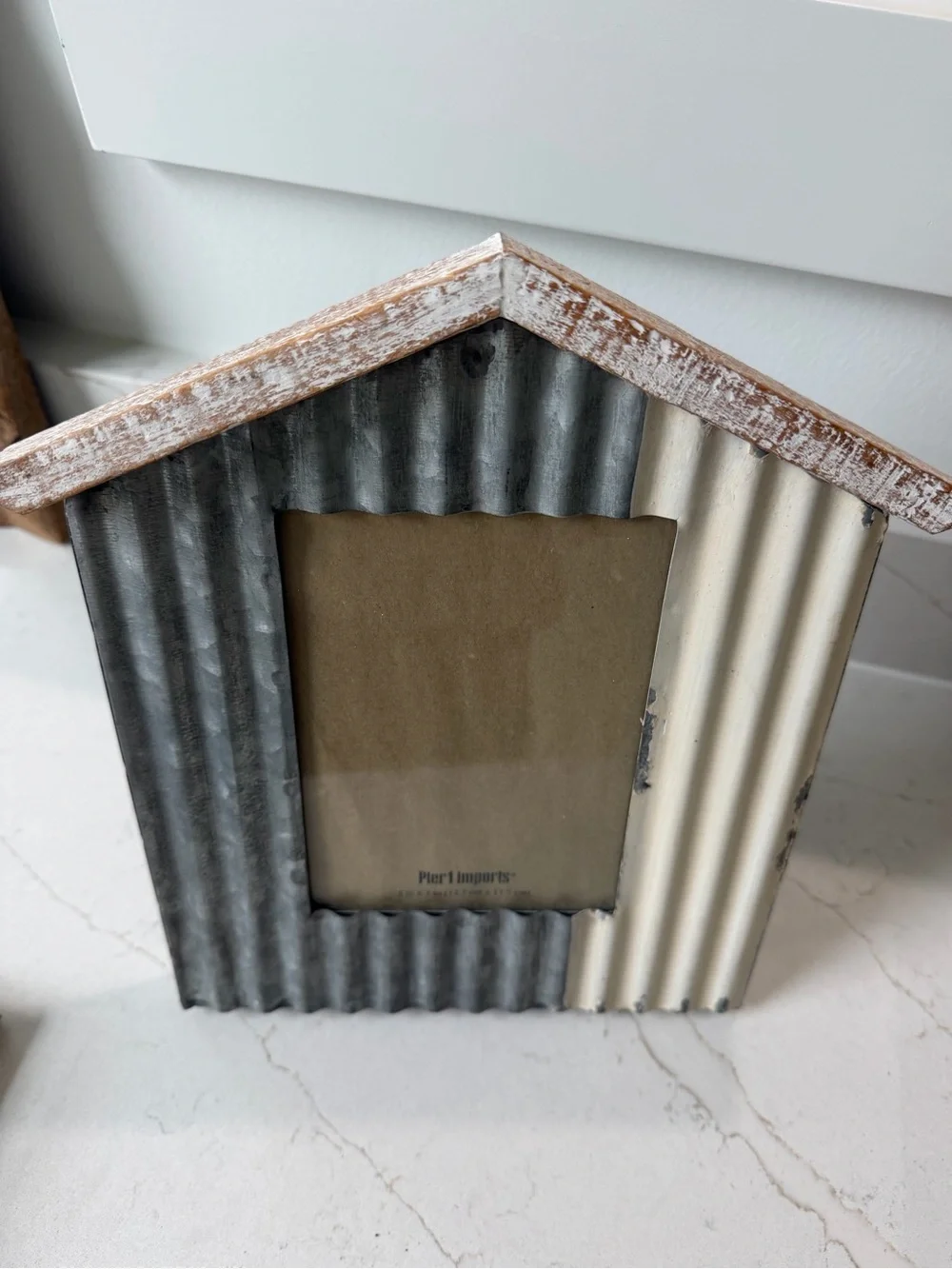 Pier 1 House-Shaped Corrugated Metal Photo Frame in Gray & Cream